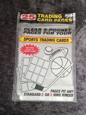 NEW- Vintage 25 Clear Plastic 9-Pocket Trading Card Pages for 2 or 3-Ring Binder